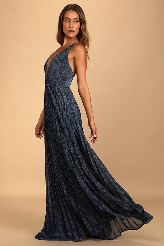 Especially Stunning Blue Sparkly Pleated Maxi Dress