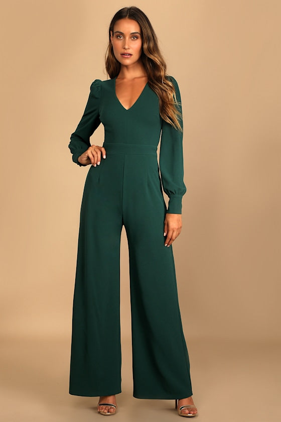 Celebrating Romance Emerald Green Long Sleeve Wide-Leg Jumpsuit