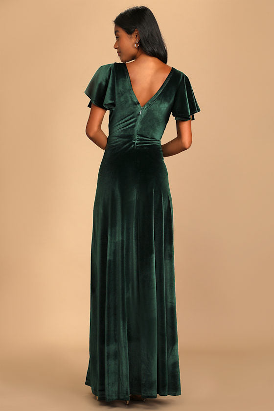 Absolutely Amazed Emerald Green Velvet Flutter Sleeve Maxi Dress