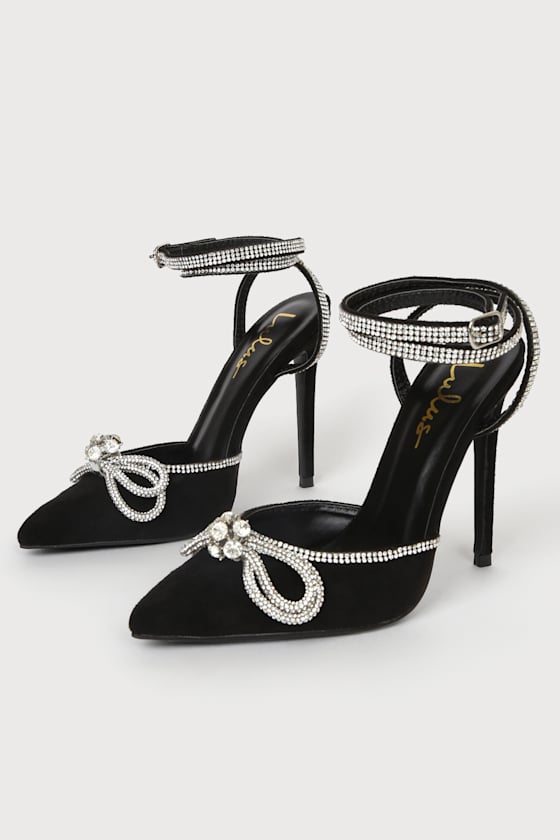 Lullie Black Suede Rhinestone Ankle Strap Pointed-Toe Pumps