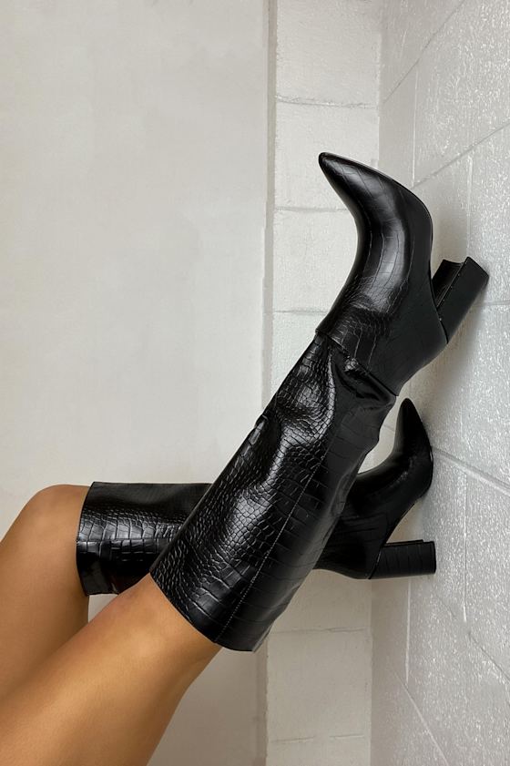 Katari Black Croc Pointed-Toe Knee High Boots
