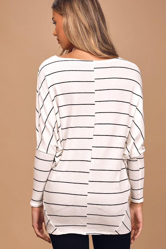 Verla White and Black Striped Dolman Sleeve Sweater Top