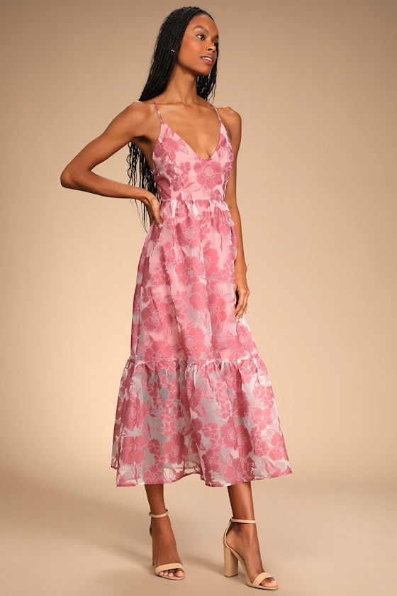 Feeling Like Forever Rose Jacquard Organza Lace-Up Midi Dress