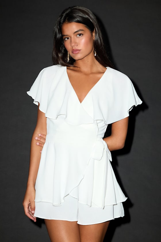 Aldrin White Ruffled Backless Wrap Skort Romper