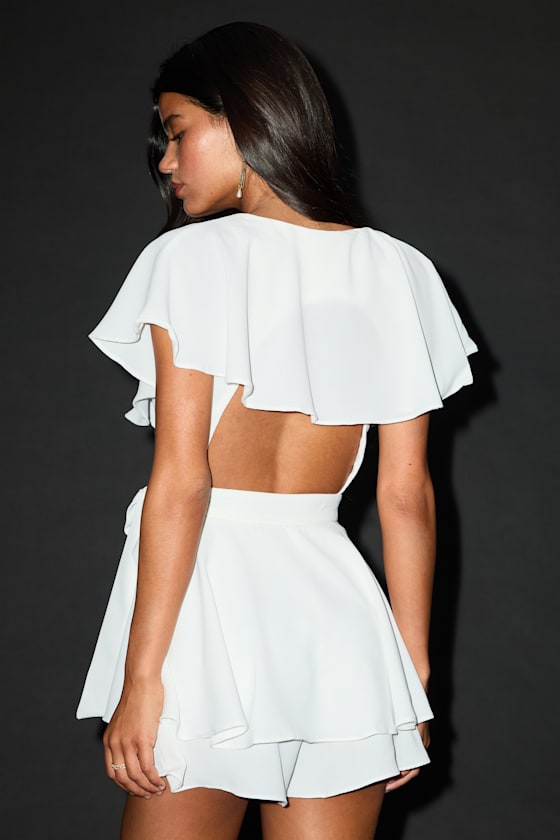 Aldrin White Ruffled Backless Wrap Skort Romper