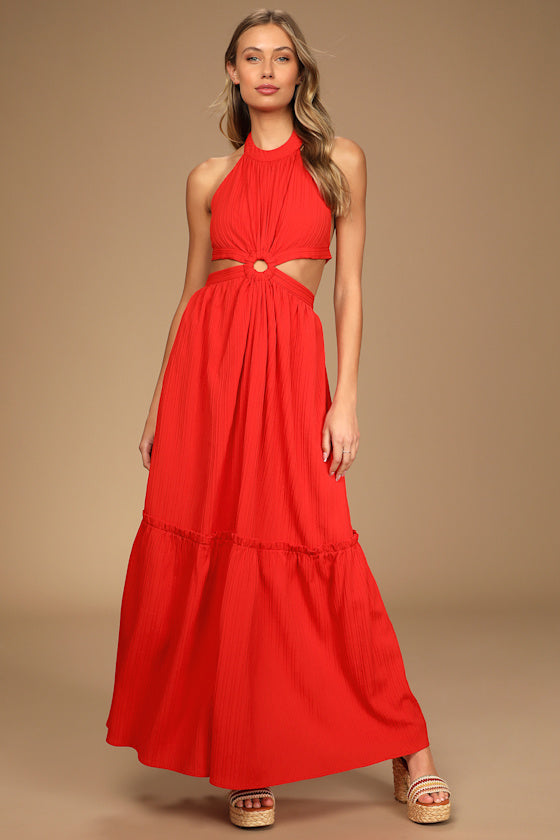 Island Vacay Red Tie-Back Maxi Dress