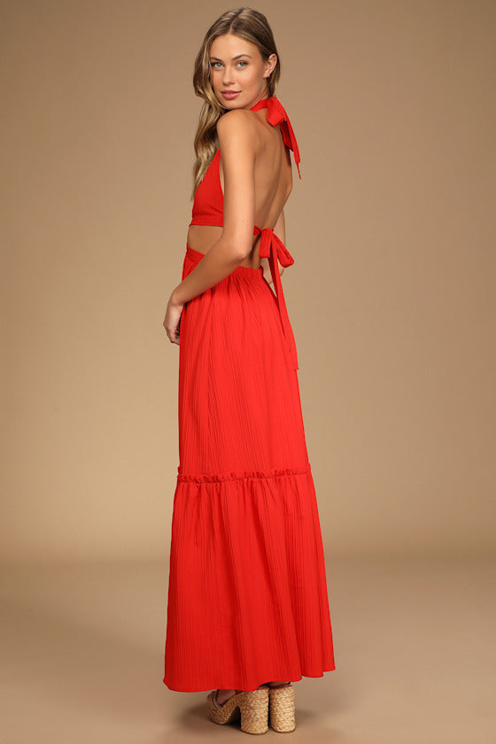 Island Vacay Red Tie-Back Maxi Dress