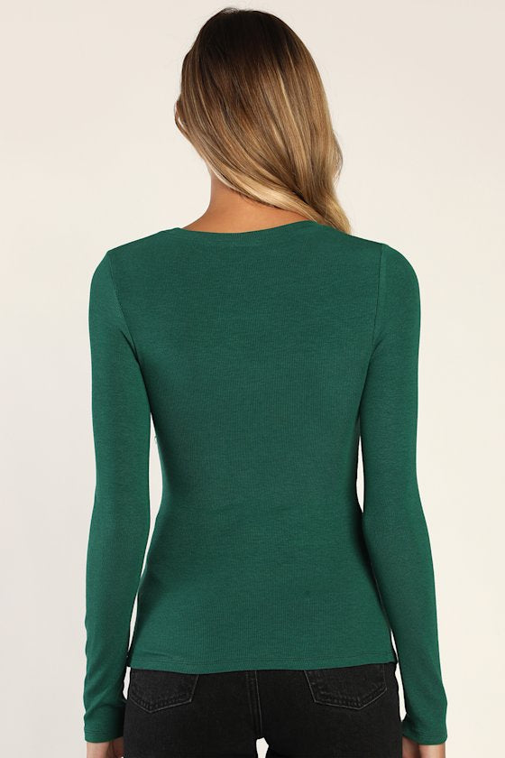 Flirty Little Secret Emerald Green Ribbed Cutout Long Sleeve Top