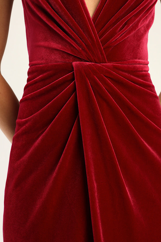 Beautiful Evenings Wine Red Velvet Twist-Front Maxi Dress