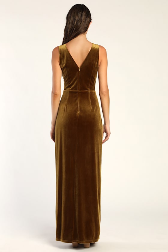 Beautiful Evenings Olive Green Velvet Twist-Front Maxi Dress