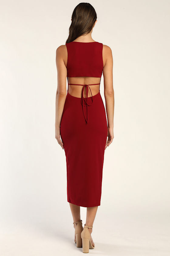 Sultry Elegance Wine Red Cutout Bodycon Midi Dress