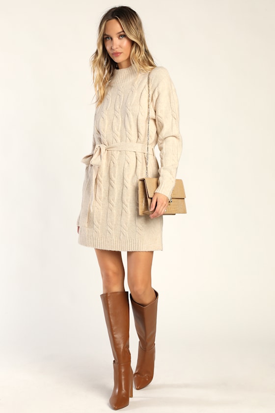 Warmed Up To You Cream Cable Knit Mock Neck Sweater Dress